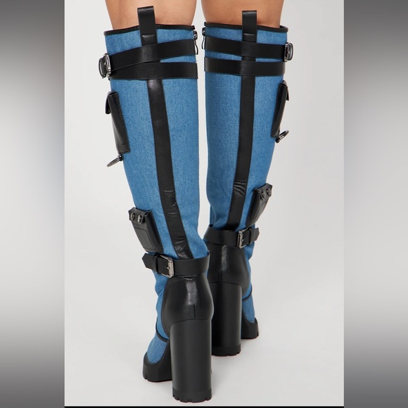 FASHIONNOVA Blue/Black Denim Baddie Alert Over The Knee Boots - Picture 4 of 4